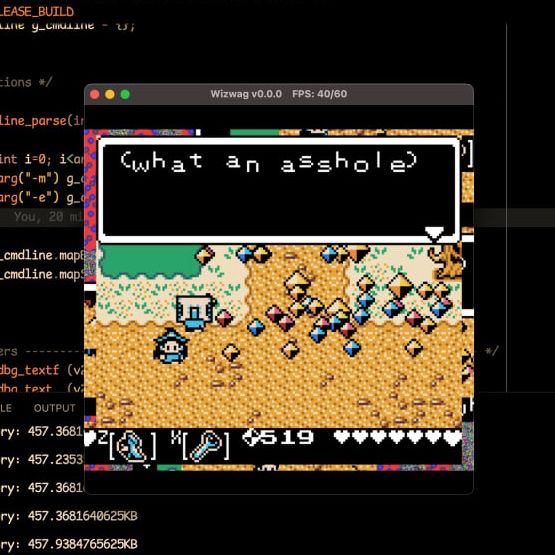 A screenshot of a very old build of Wizwag's original prototype. Many gems litter the floor, and a dialogue box reads "(what an asshole)" with shakey text.