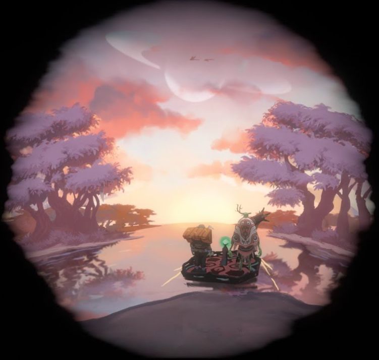 I can't say much because it's a spoiler for something. Um... A boat is on the water heading into the sunset. Two friends look toward the horizon, together. The sun itself propels the boat. On each side of the river are pink trees. In the sky above, a ringed planet is visible, as are some small birds.