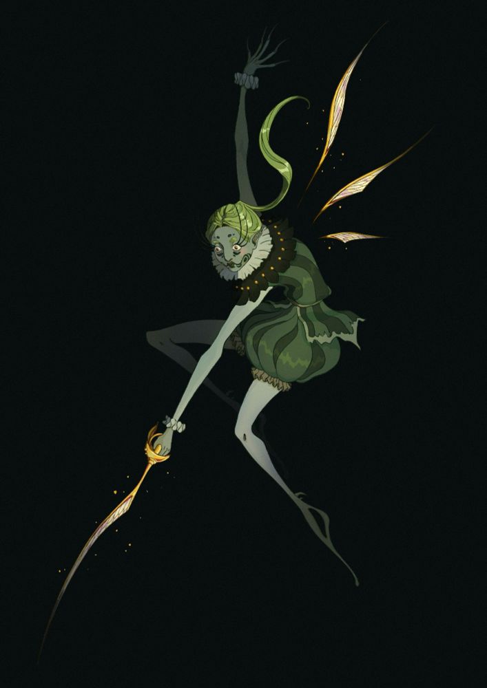 A green humanoid creature with long insect-y legs is jumping in the hair brandishing a magic sword looking a bit like an insect wing with their left arm et invoking some more with its right. They seem to have old french styled clothes, all green like their skin and their ponytail. Their eyes a wide open and red, looking at an ennemy. Overall looks like a scary weird fairy