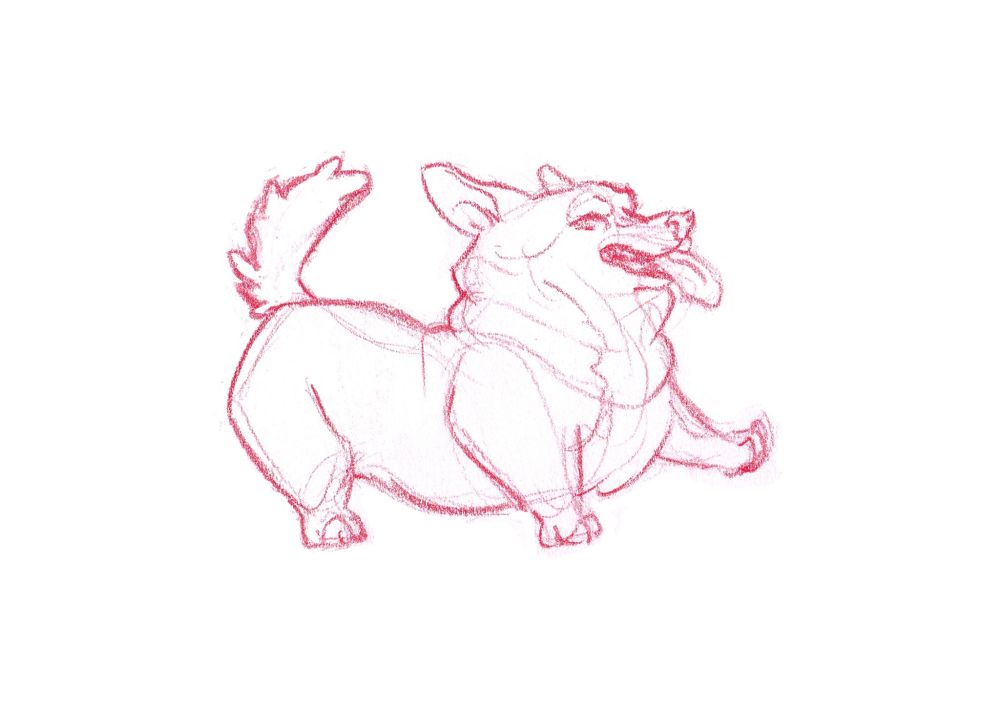 A very happy stylized corgi with its tongue out, drawn with a red color pencil