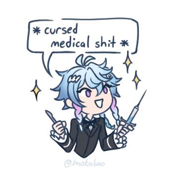 A blue-haired anime boy holds a scalpel in one hand and a syringe in the other hand. There is a speech bubble that says, *cursed medical shit* above his head. 