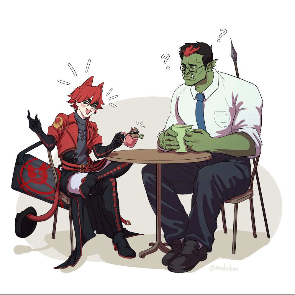 A red catboy is sitting on the left, talking to a green orc sitting on the right. They are sitting at a table, each with a mug in hand. 