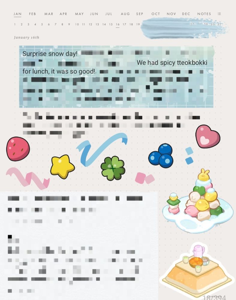 A colorful digital journal page that includes some confetti stickers and graphics from Pokémon and Cookie Run Kingdom