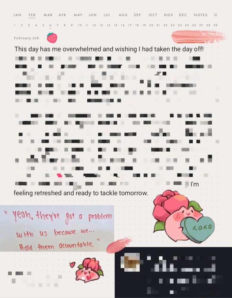 A digital journal entry with a few pink frog stickers 