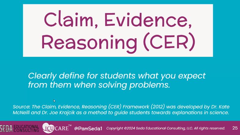 A google slide that says "Claim, Evidence, Reasoning (CER) - Clearly define for students what you expect from them when solving problems."