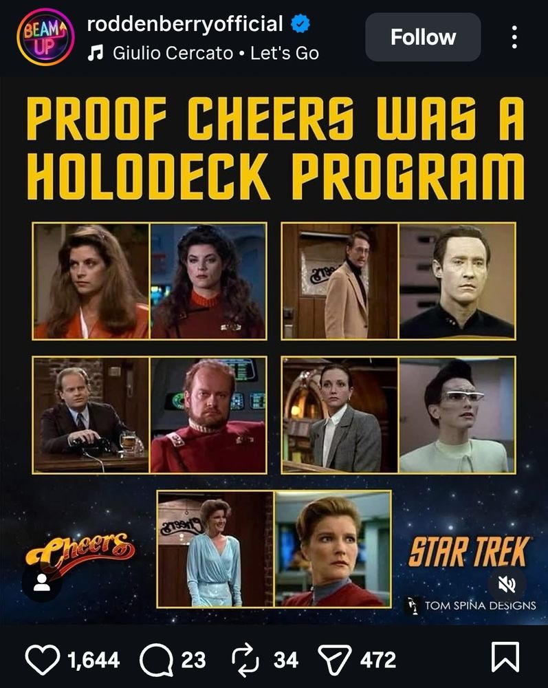 A screen grab from the Roddenberry Official account on Instagram that shoes various actors from Cheers appearing in episodes of various Star Trek shows.