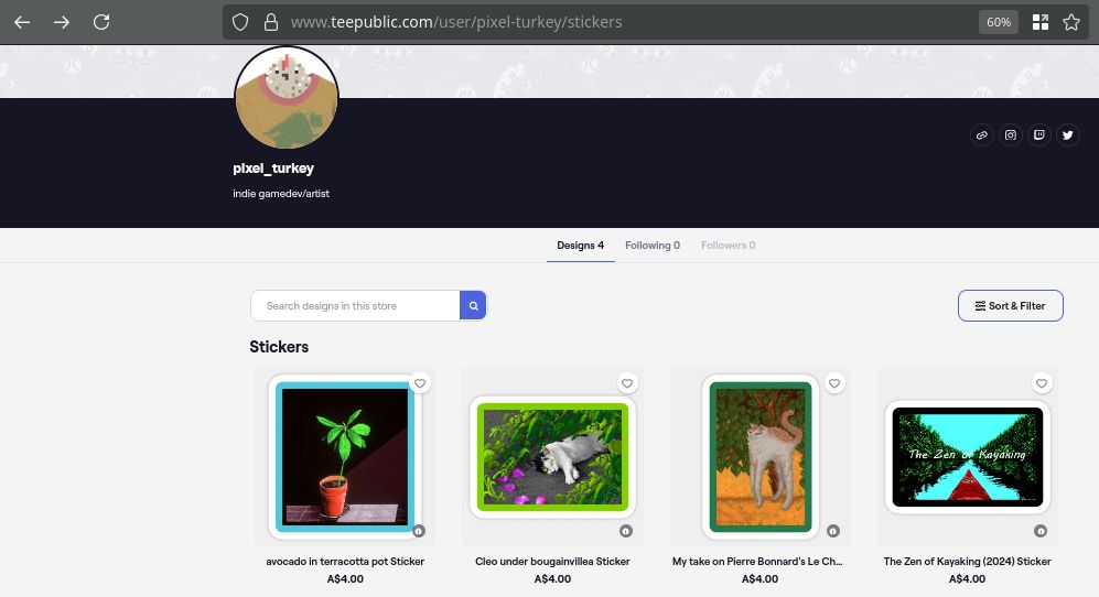 A screenshot of stickers for sale by pixel_turkey on teepublic.com