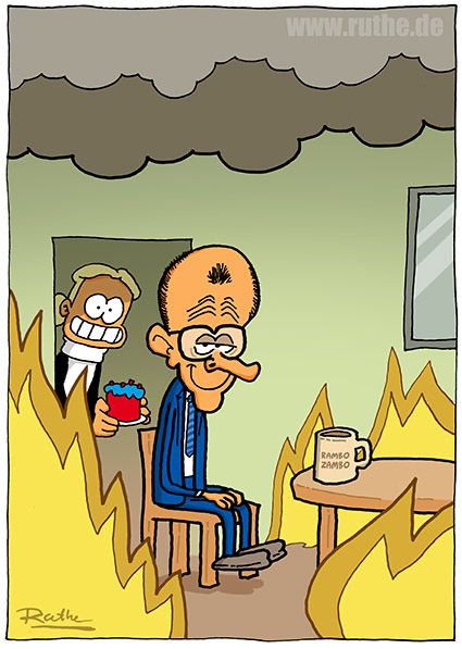 Friedrich Merz sitzt - angelehnt an das "This Is Fine"-Meme in einer brennenden Küche und lächelt. Vor ihm auf dem Tisch steht eine Tasse, auf der "Rambo Zambo" steht. Im Hintergrund kommt eine grinsende Alice Weidel herein, sie hält einen Kuchen in AfD-Farben in der Hand. 