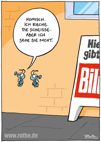Zwei Fliegen schweben vor einem Kiosk, vor dem ein Schild steht mit der Aufschrift "Hier gibt's BILD". Linke Fliege (sieht das Schild nicht): "Komisch. Ich rieche die Scheiße, aber ich sehe sie nicht."