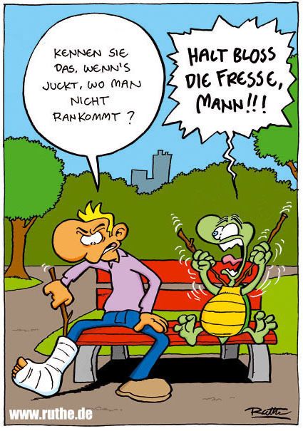 Ein Typ sitzt auf einer Parkbank und stochert mit einem Stock in seinem Gipsbein herum. Genervt sagt er: "Kennen Sie das, wenn's juckt, wo man nicht rankommt?". Neben ihm sitzt eine Schildkröte, die panisch mit zwei Stöckern gleichzeitig in ihrem Panzer rum kratzt und brüllt: "Halt bloß die Fresse, Mann!"