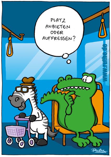 Im Bus. Ein sitzendes Krokodil schaut auf einen Zebra-Opa mit Rollator und denkt: "Platz anbieten oder auffressen?"
