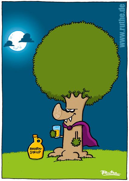 Wir sehen einen Vampirbaum. Er hält ein Glas in der Hand, neben ihm steht eine Flasche mit der Aufschrift: "Ahornsirup".