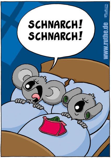 Zwei Koalabären im Bett, bei Nacht. Der linke schnarcht ohrenbetäubend laut. der rechte hat seine Ohren mit Lockenwicklern eingerollt und schläft deshalb friedlich lächelnd. 