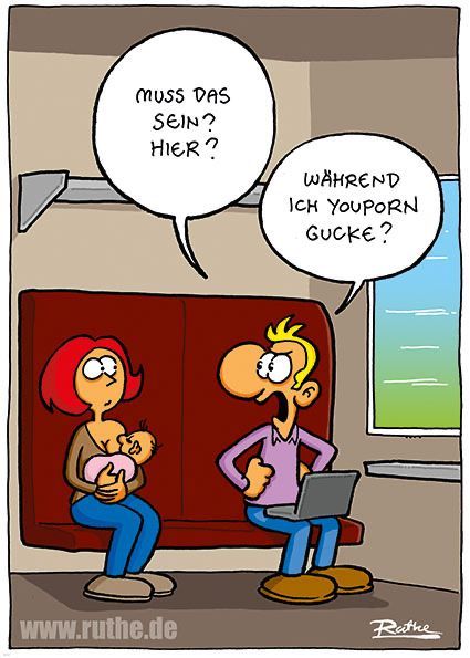Im Zugabteil. Eine Frau stillt ihr Baby. Neben ihr sitzt ein Mann, mit einem Laptop auf dem Schoß. Empört stemmt er die Arme in die Seiten und sagt: 