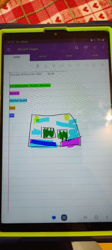 An early revision of a colour coded diagram showing the main components of a laptop as seen by a 9yr old