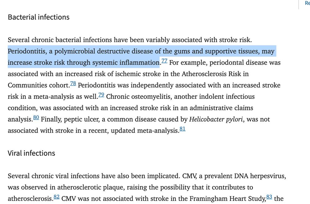 Excerpt from a med research paper that correlates gum disease and increased risk of stroke because of systemic inflammation
https://pmc.ncbi.nlm.nih.gov/articles/PMC7041866/