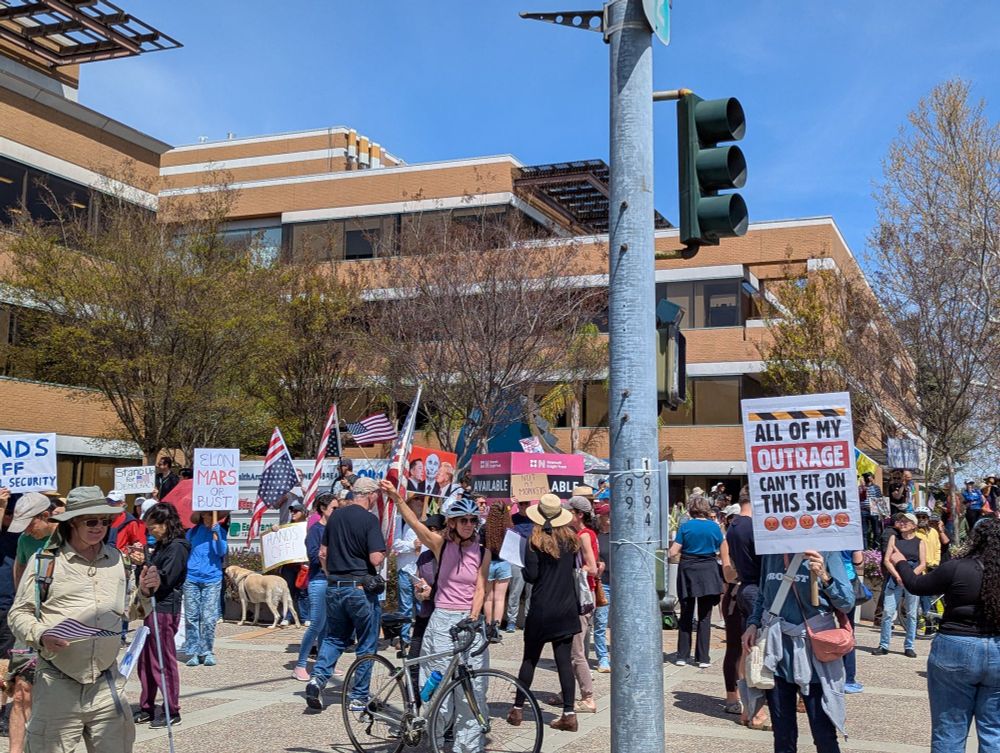Crowd of anti-tRump protesters as part of the hands-off protest across the US. Here crowds of people in downtown Mountain View, California