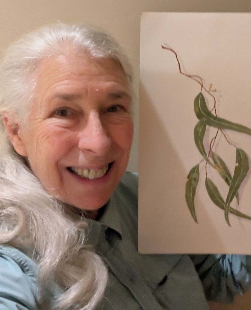 Smiling woman holding up a watercolor painting of Eucalyptus leaves painted by Australian artist Sam Grumont https://bsky.app/profile/samgrumont.bsky.social Photo by Ellen Friedman