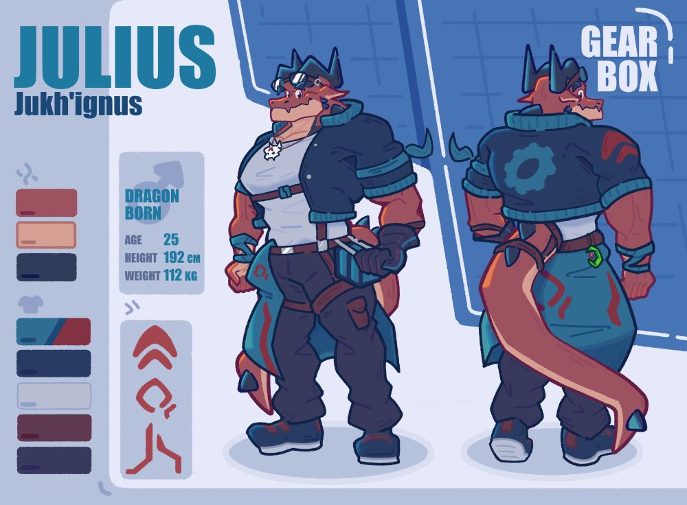 Character Reference sheet for Character OC Julius - Jukh'ignus
- The sheet showcases Julius' outfit, his nickname and origin name, basic info, faction and color palette.