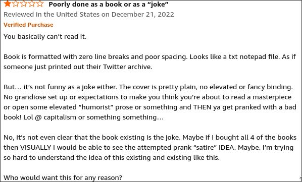 An amazon review complaining about how bad they think a joke book by the internet personality Dril is.