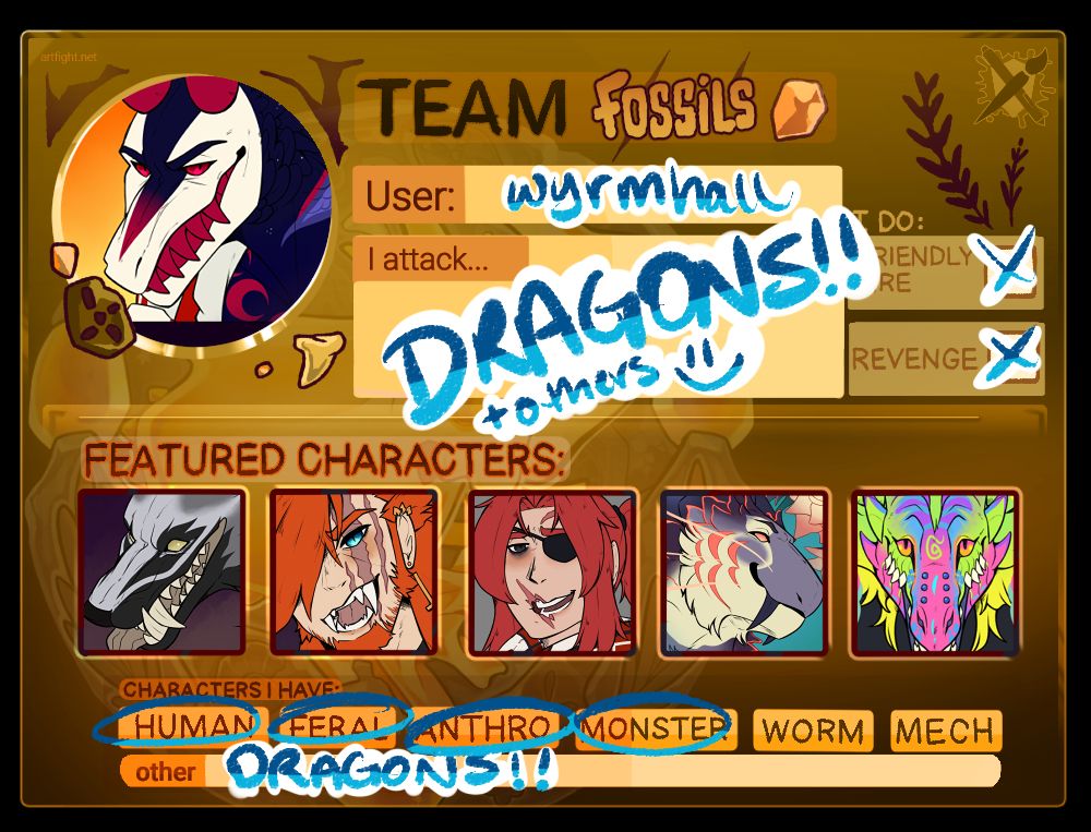 An Art Fight ID card for Team Fossils.