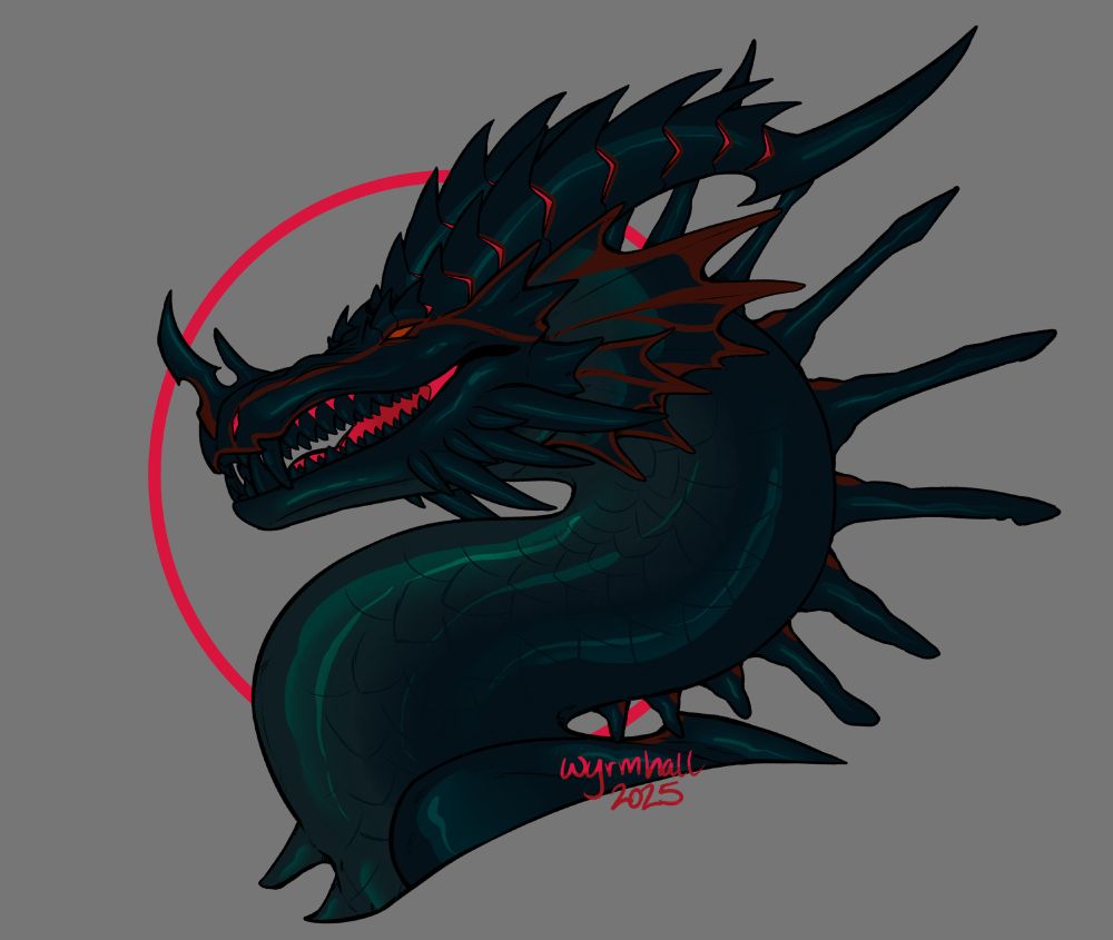 Digital bust of a wyvern from the shoulder up. He has black iridescent scales, prominent spines down his neck, two large horns curving back, a pair of horns on his nose, fins and spiked jawline. Red patterns run along his face, horns, spines and fins. His mouth is in an open snarl, with two rows of black teeth and a red inner mouth. The background is a medium grey with a red circle behind the wyvern.