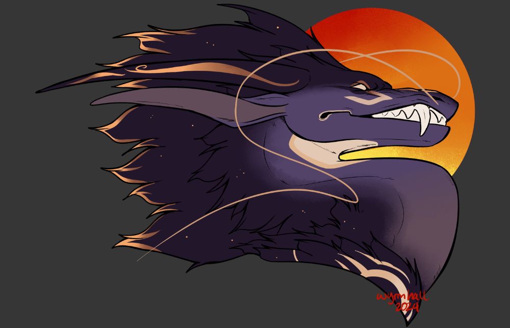 The artist has drawn dragon Arthur again. And by that he means, digital bust of a purple dragon from the shoulder up, facing right. His neck is curved like a bird's and his teeth are shown in a snarl. Whiskers are up and whippy. A lighter purple brightens up his snout and underside of the neck. He has a long mane ending in clumped spikes. He has several gold patterns along his face, horn, shoulder and clipping the edges of his mane. The background is a dark grey, and behind his head sits a red-orange-yellow gradient circle representing the sun.