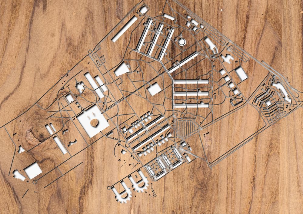 Map of university building with wooden background made with qgis and geoparquet plugin 