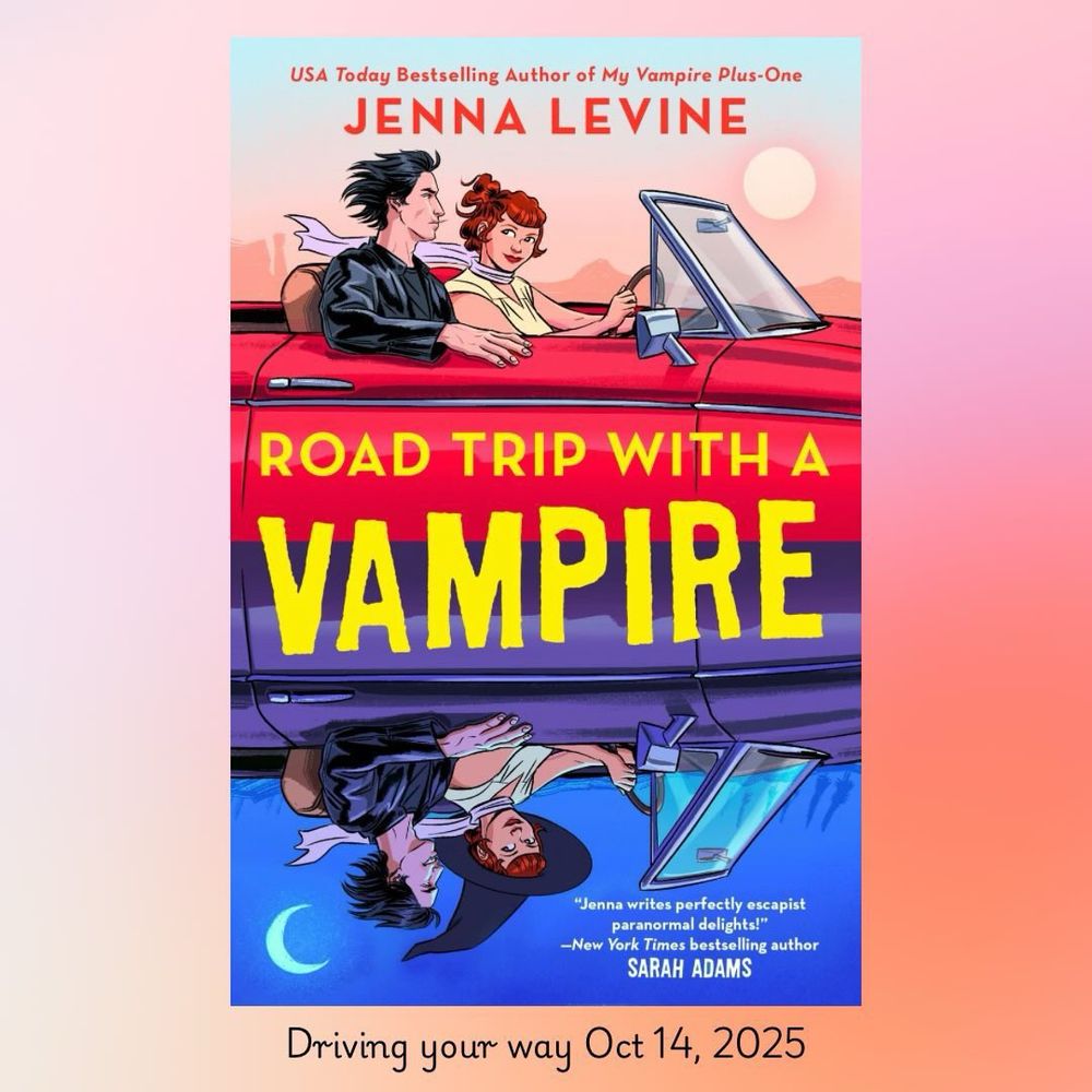 Cover reveal of Jenna Levine’s “ROAD Trip” with the top half a couple in a convertible and the bottom a mirror image of the same couple where she’s a witch and he’s a vampire