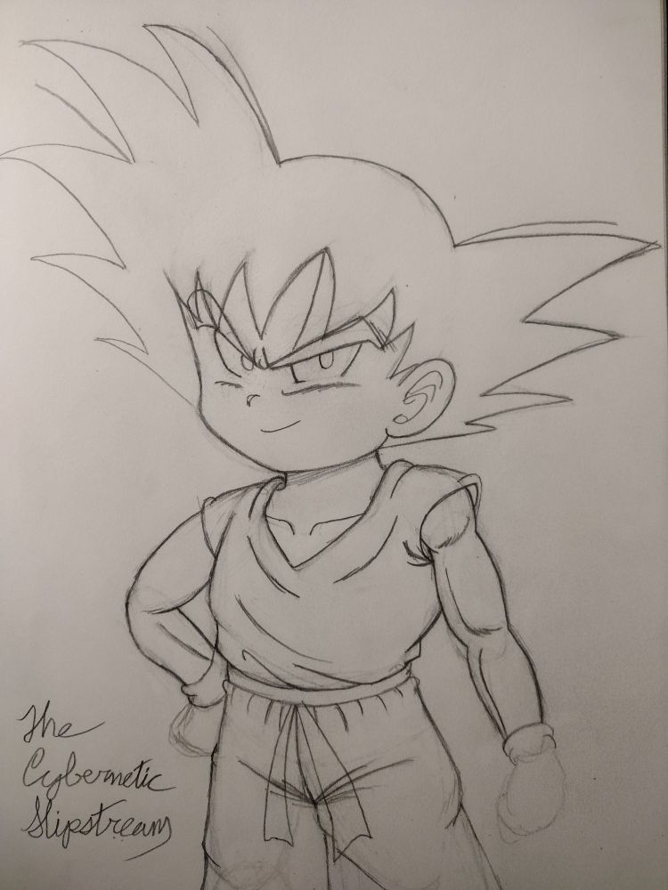 Sketch of Son Goku posed with one arm resting on his leg while the other hangs off to the side. Drawn by The Cybernetic Slipstream.
