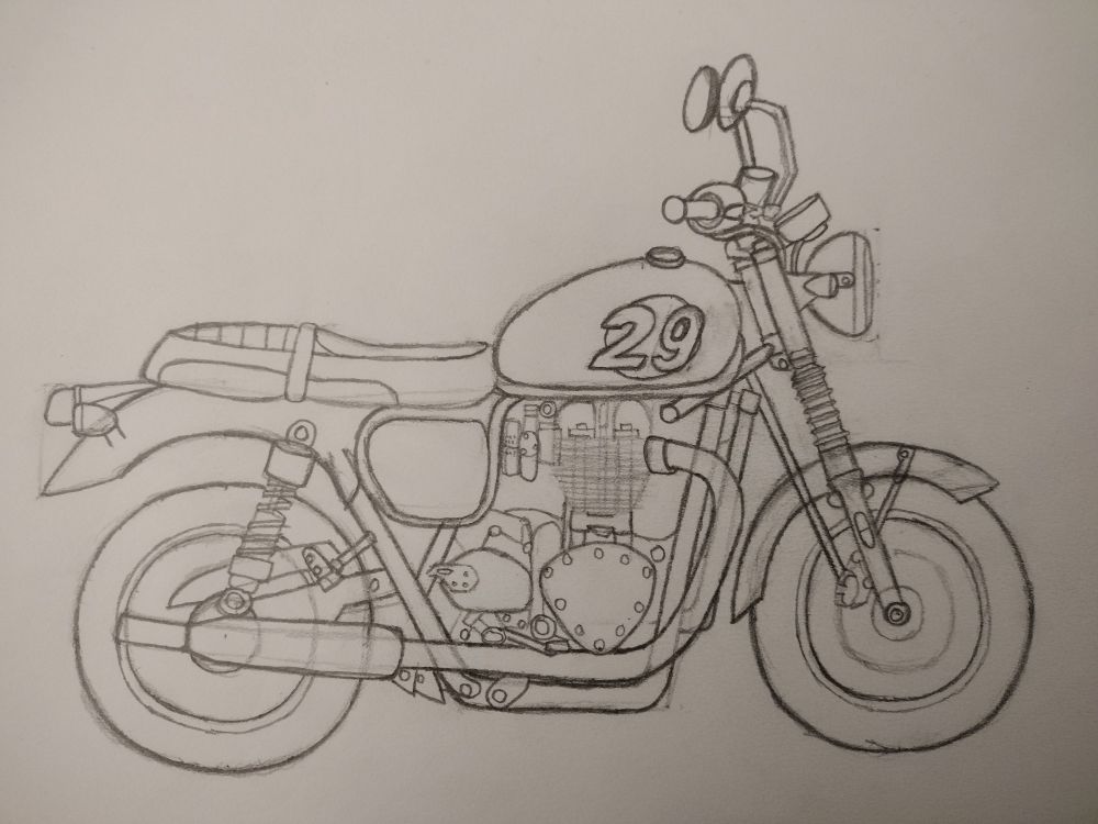 Sketch of a motorcycle. Model is a triumph Bonneville T120 Black. Drawn by The Cybernetic Slipstream.