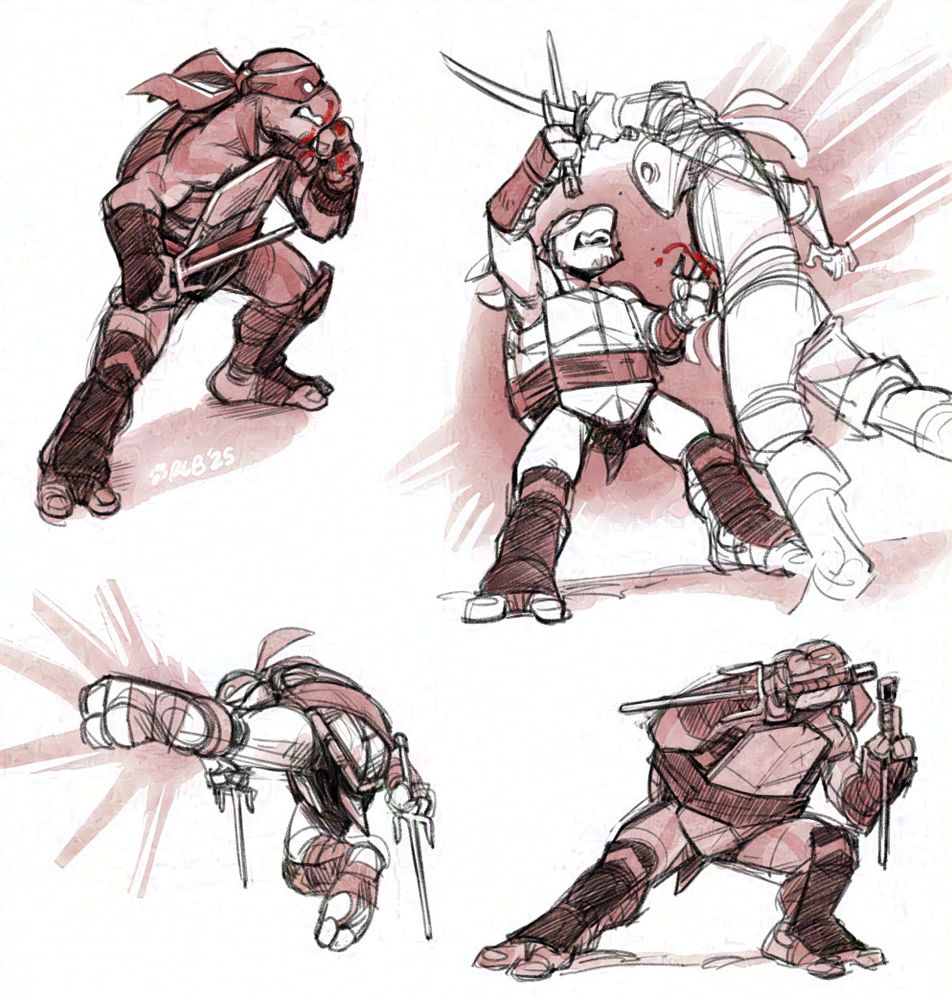 A series of four digital sketches of Raphael the ninja turtle, in the artist's personal style. They are shaded with monochromatic dull red watercolor.
The first sketch shows Raph with a bloodied snout, holding a sai in his right hand as he wipes blood off his face with his left. The second sketch shows Raph catching a Foot ninja's sword with one sai while he stabs him in the torso with the other. The third sketch shows Raph doing a spinning jump kick in the direction of the viewer. The fourth sketch shows Raph crouching in a defensive stance, holding his sais in a reverse grip to protect his arms.