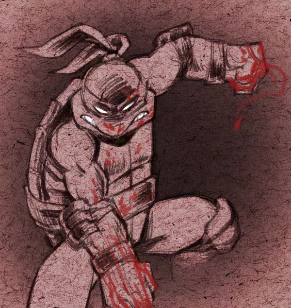 A loose sketch of Raphael the ninja turtle, roughly in the style of the original Mirage comics. Blood coats his fists and lightly splatters his front and face as he repeatedly punches down at an unseen opponent, just past the bottom of the frame.