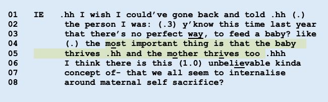 An example from a radio program of Harvey Sacks' famous category pairing. The interviewer says "there's no perfect way to feed a baby. The most important thing is that the baby thrives and the mother thrives too" BBC radio four.