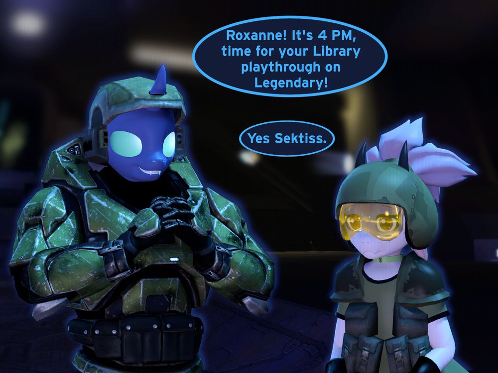 Spartan Sektiss and Lieutenant Roxanne in The Library of Alpha Halo, searching for the Index.