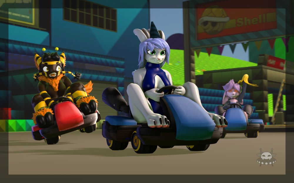 Tefnut the Dramiluff on the red kart, Gwen Greenears the bunny in the lead with her blue cart, and Roxanne the Goat in third riding a blue cart, armed with a banana peel.