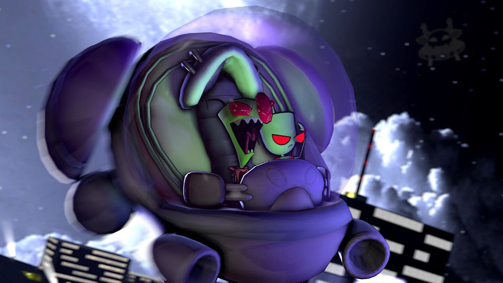 Invader ZIM and GIR riding in the Voot Runner above a city in the dead of night.