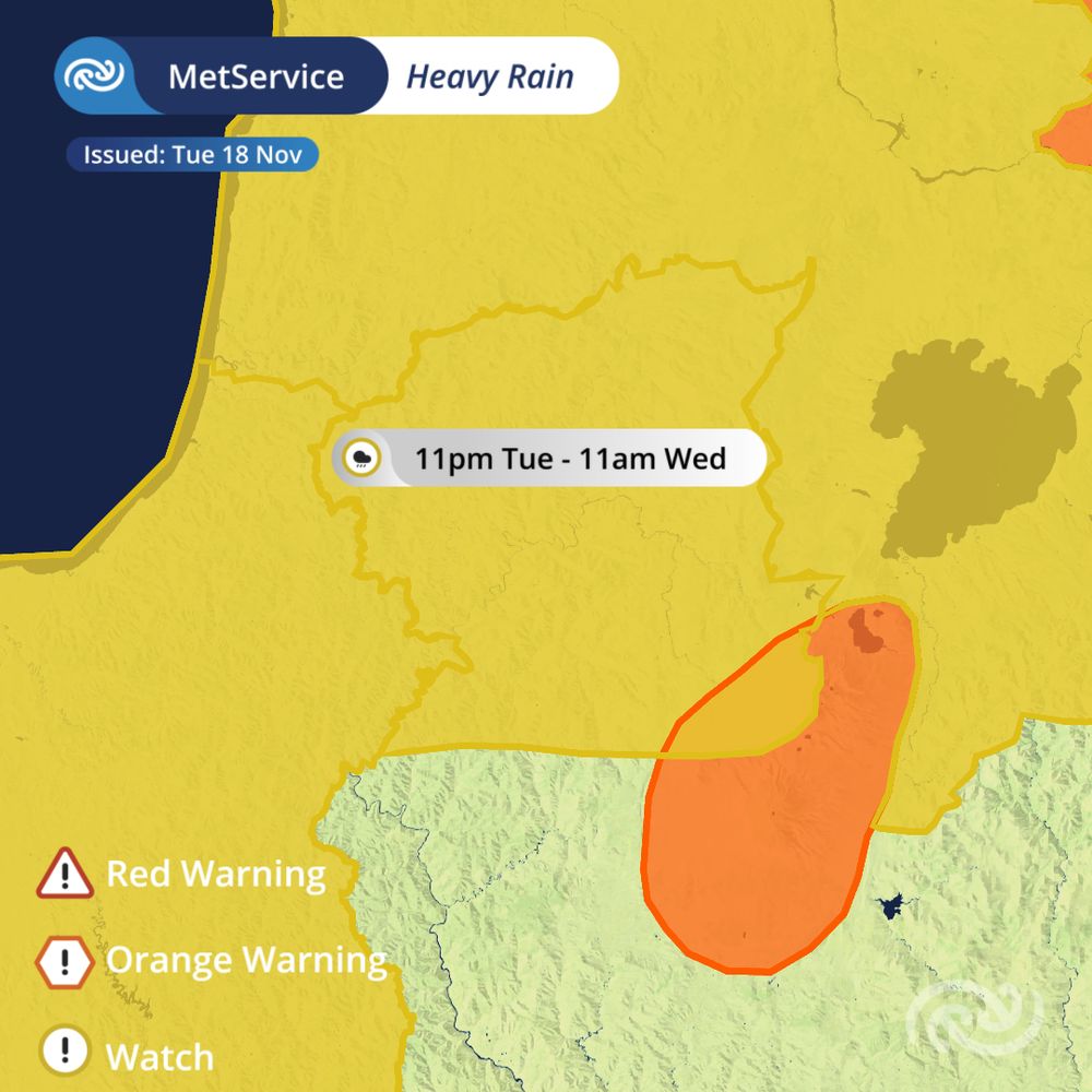 Taumarunui is under a heavy rain watch from 11pm tuesday to 11am wednesday