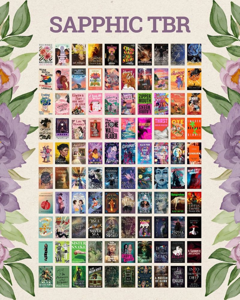 Sapphic TBR in purple text is at the top, matching the purple flowers on the side. 100 color coded sapphic books of various genres. Tan background.