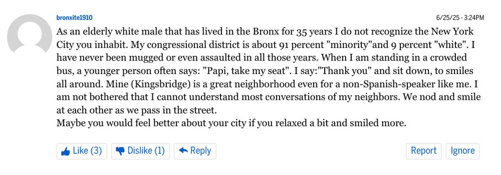 A comment allegedly from “bronxite1910” on 6/25/25 (3:24PM) that reads: “As an elderly white male that has lived in the Bronx for 35 years I do not recognize the New York City you inhabit. My congressional district is about 91 percent "minority" and 9 percent "white". I have never been mugged or even assaulted in all those years. When I am standing in a crowded bus, a younger person often says: "Papi, take my seat". I say: "Thank you" and sit down, to smiles all around. Mine (Kingsbridge) is a great neighborhood even for a non-Spanish-speaker like me. I am not bothered that I cannot understand most conversations of my neighbors. We nod and smile at each other as we pass in the street.

Maybe you would feel better about your city if you relaxed a bit and smiled more.”