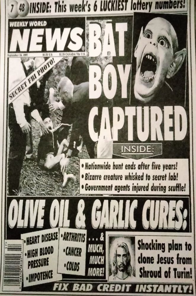 The cover of the Weekly World News with the headline, “Bay Boy Captured.”