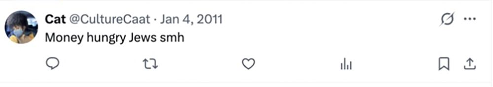Tweets from Catherine Almonte Da Costa, a Zohran Mamdani appointee who just resigned, that reads, “Money hungry Jews smh.” (January 4, 2011).
