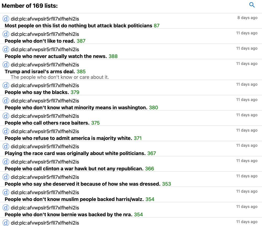 ClearSky still shows the dozens of lists “A Real Black Man” (arealblackman.bsky.social) created. But their account is now suspended… So hey! They are just a “did:plc” now.