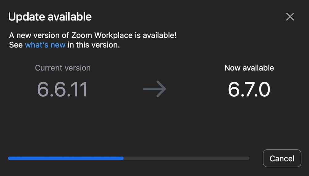 The Zoom update screen showing it upgrading to 6.7.0 from 6.6.11.