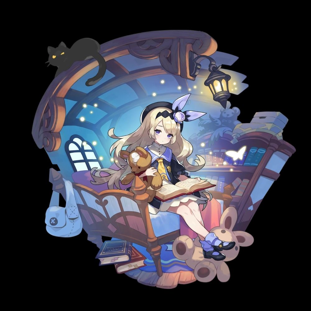 Lathna from Dragalia Lost. She is holding a teddy bear and a book. She is sitting in bed. She has a hat a dress and a ribbon on .
