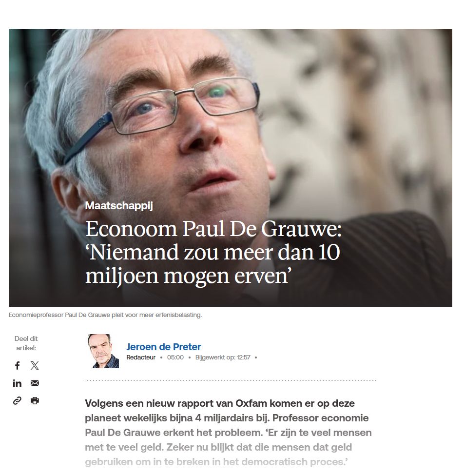 Econoom Paul De Grauwe erkent in Knack het probleem van superrijken.