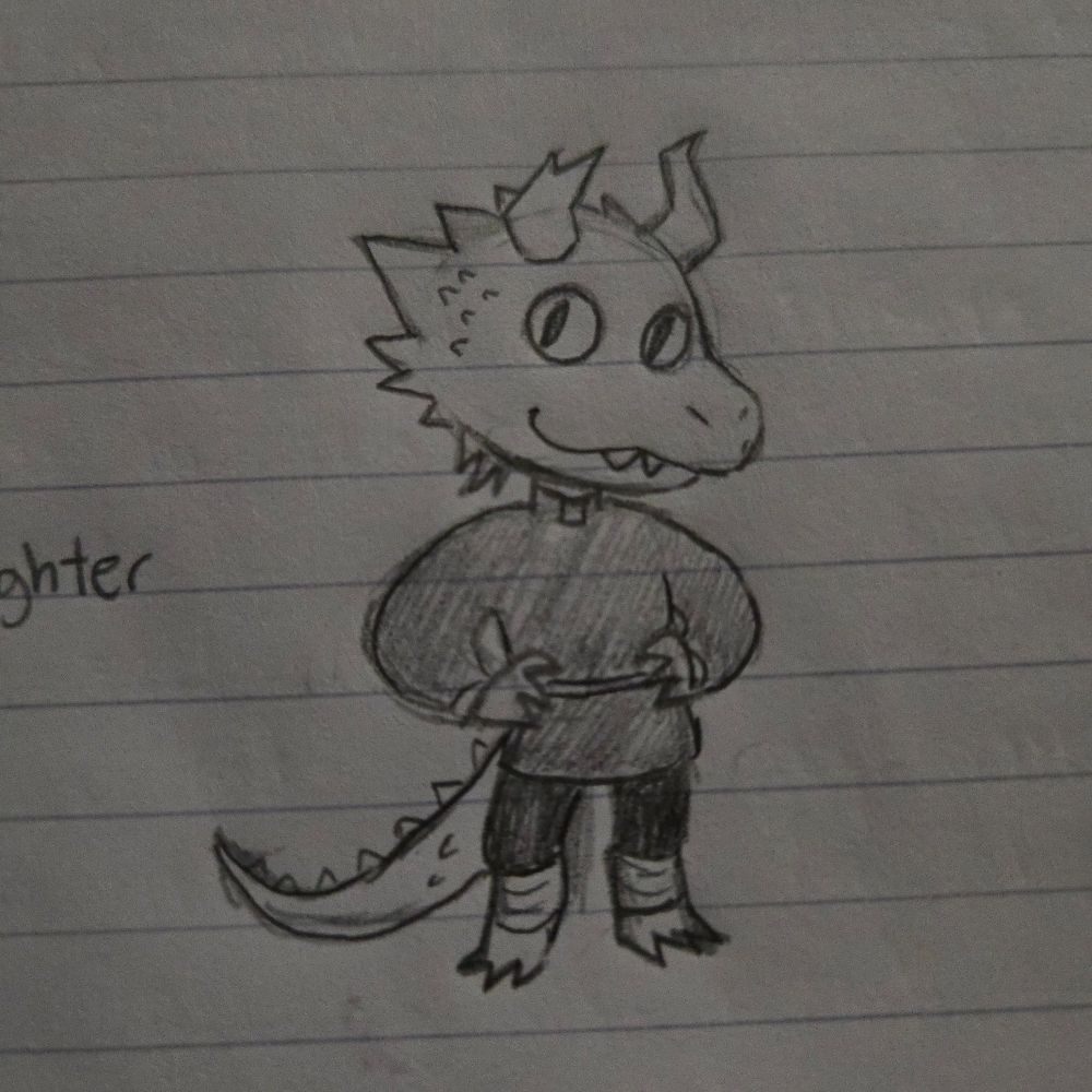 A pencil sketch of a kobold in a priest's shirt and collar. One of his horns is broken.