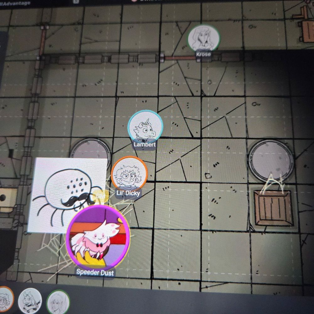 A top-down overlay of a dungeon in a tabletop role-playing game. There are 3 player character tokens: Lil' Dicky, Lambert, and Krose. And there are two spider tokens: a poorly drawn spider named Pappa Speeder and a cute drawing of Angel Dust from Hazbin Hotel as a fluffy spider.