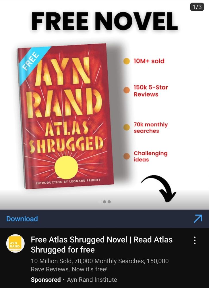 The Ayn Rand "Institute" advertising a FREE copy of Atlas Shrugged on YouTube