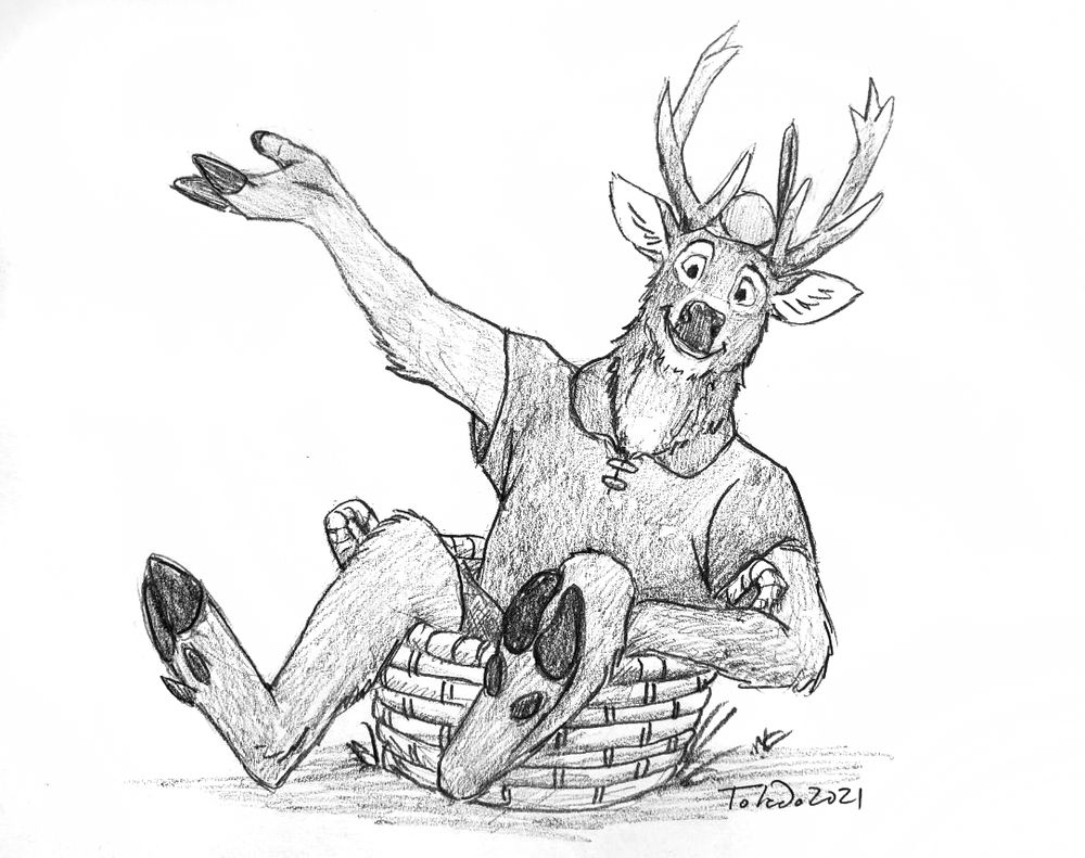 Disney's Robin Hood, but a deer. He's sitting in a basket, holding out a hand and smiling at the viewer.